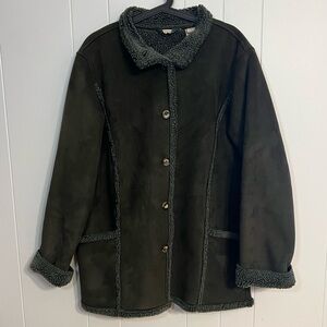 LL Bean Faux Suede Sherling Sherpa Lined dark green Jacket Sz: L‎